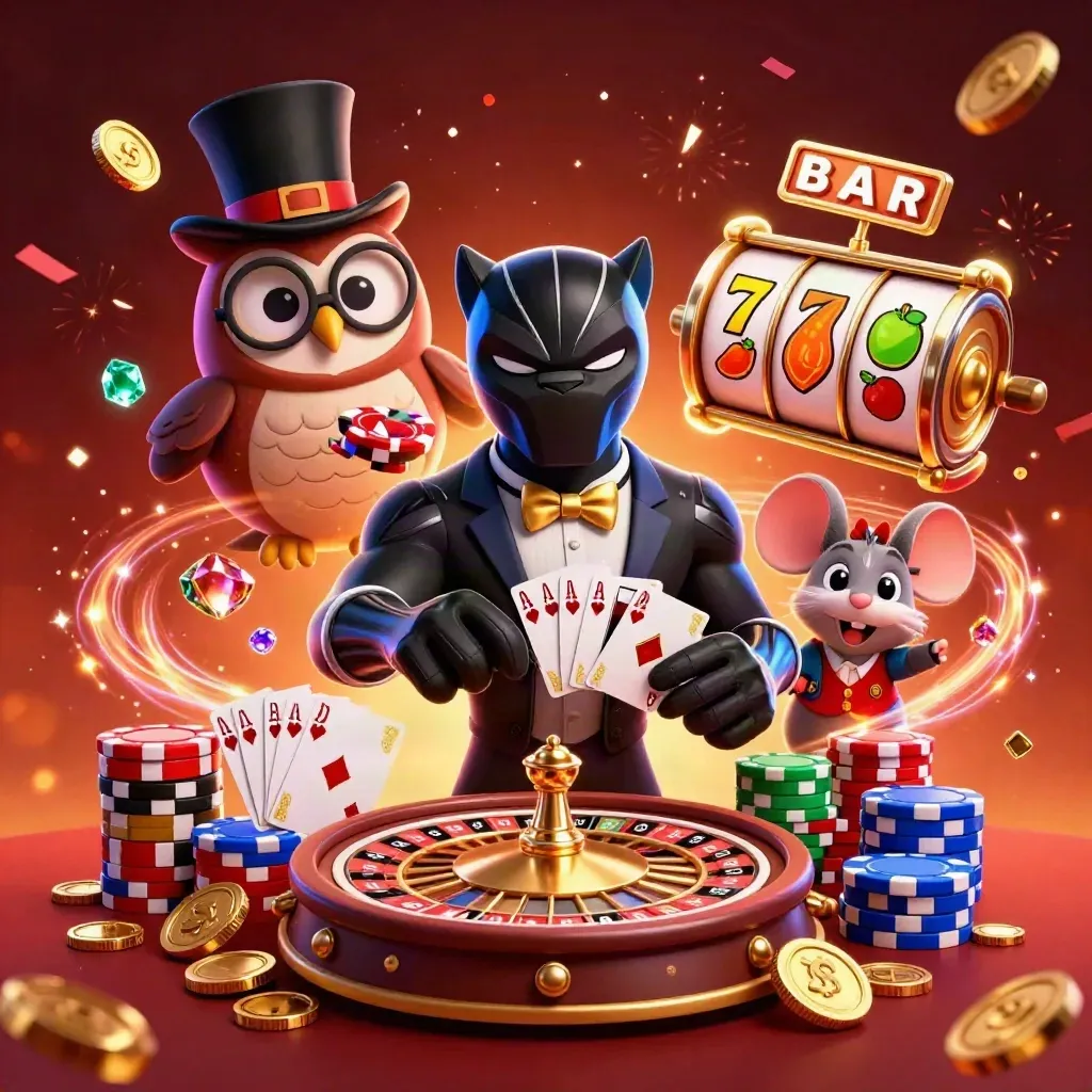 Panther, owl, and mouse casino heroes amid chips, cards, coins, gems, and neon effects