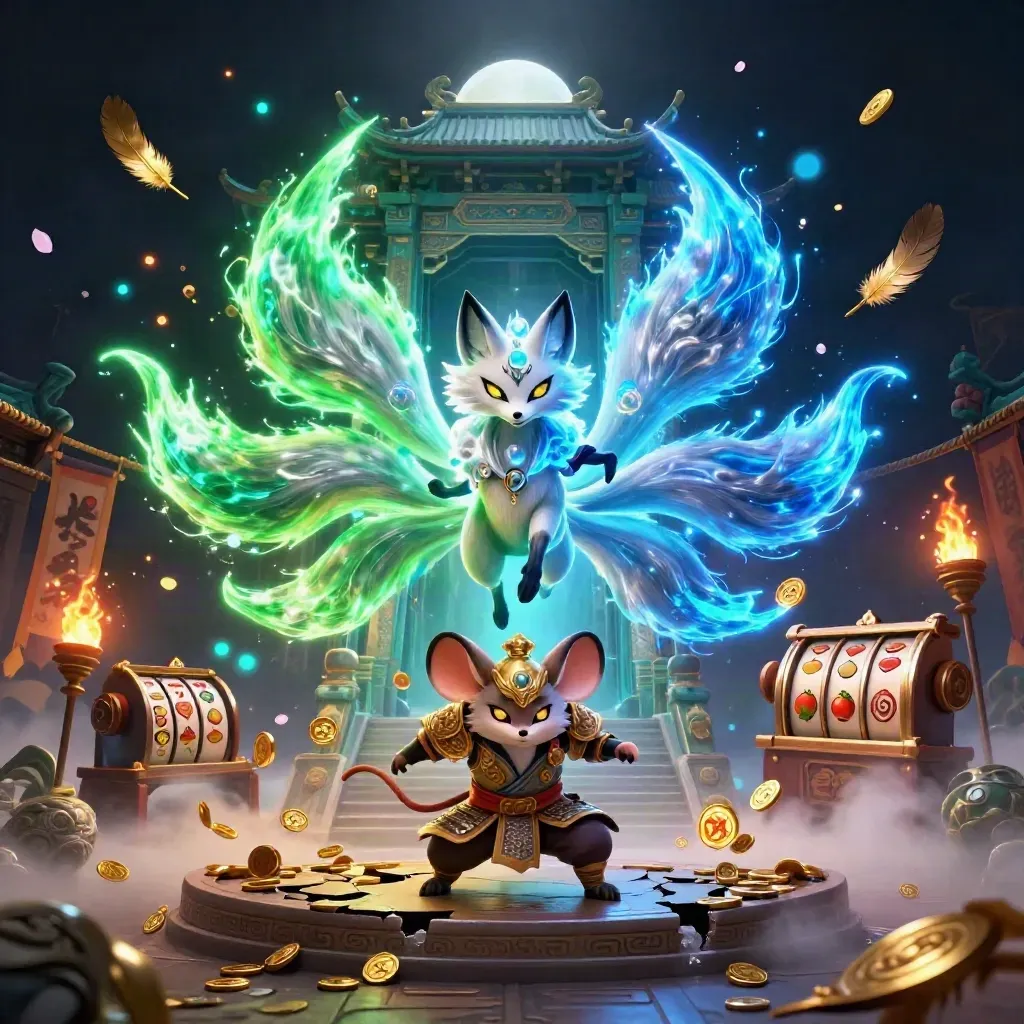 Nine-tailed fox spirit and armored mouse amid glowing casino relics and blue neon energy