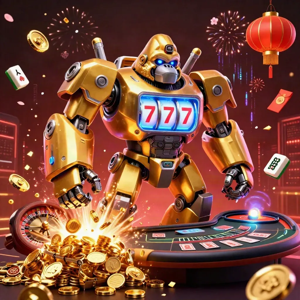 Golden gorilla slot-mech with monkey pilot amid coins, fireworks, neon cards and casino icons.
