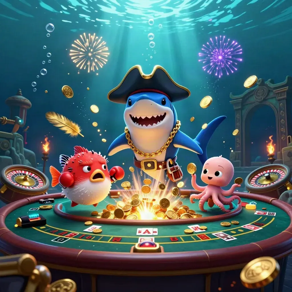 Shark pirate, boxing pufferfish, and coin-juggling octopus in a neon treasure burst