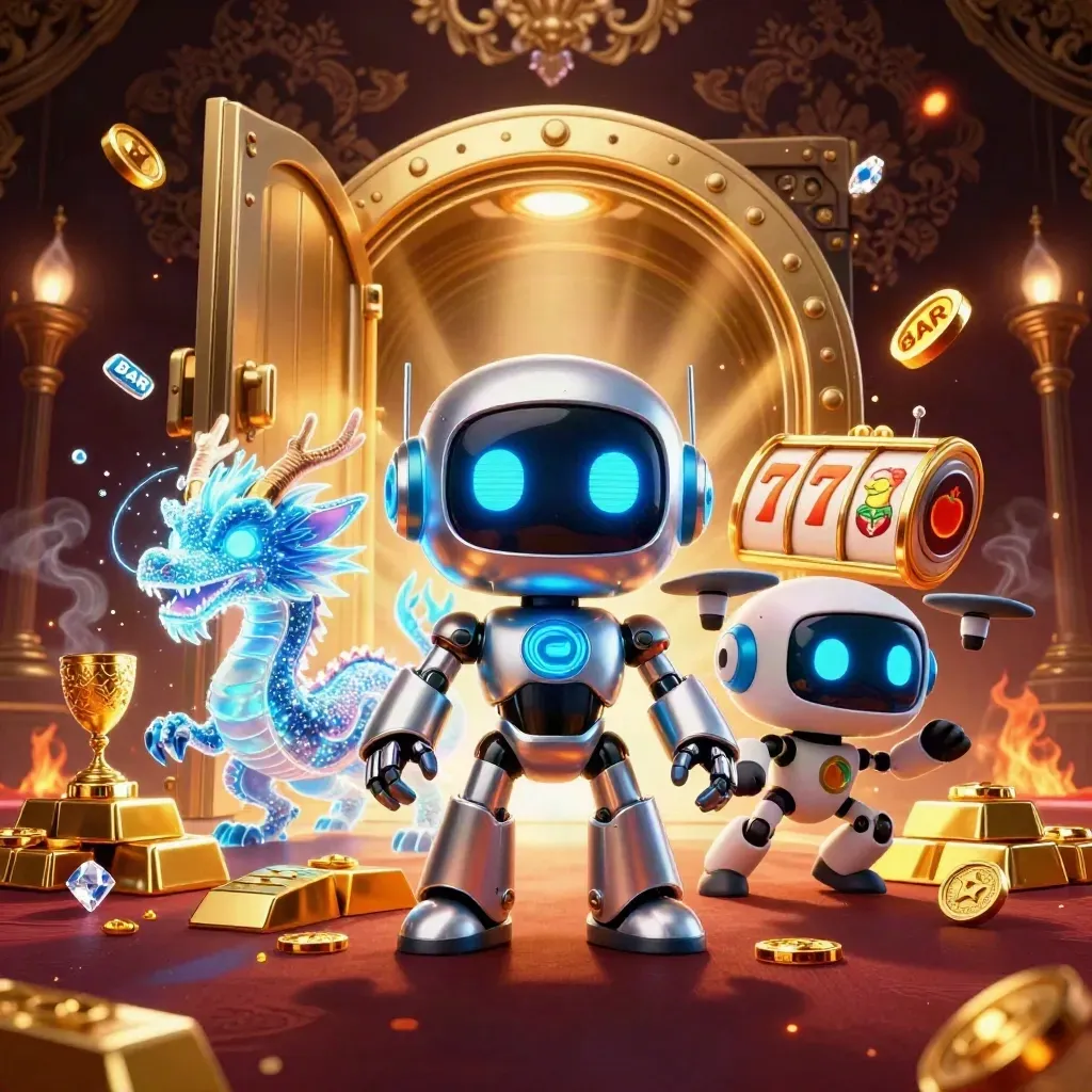 Chrome robot, holographic dragon, and coin drone bursting from a glowing vault in a luxe neon casino scene.