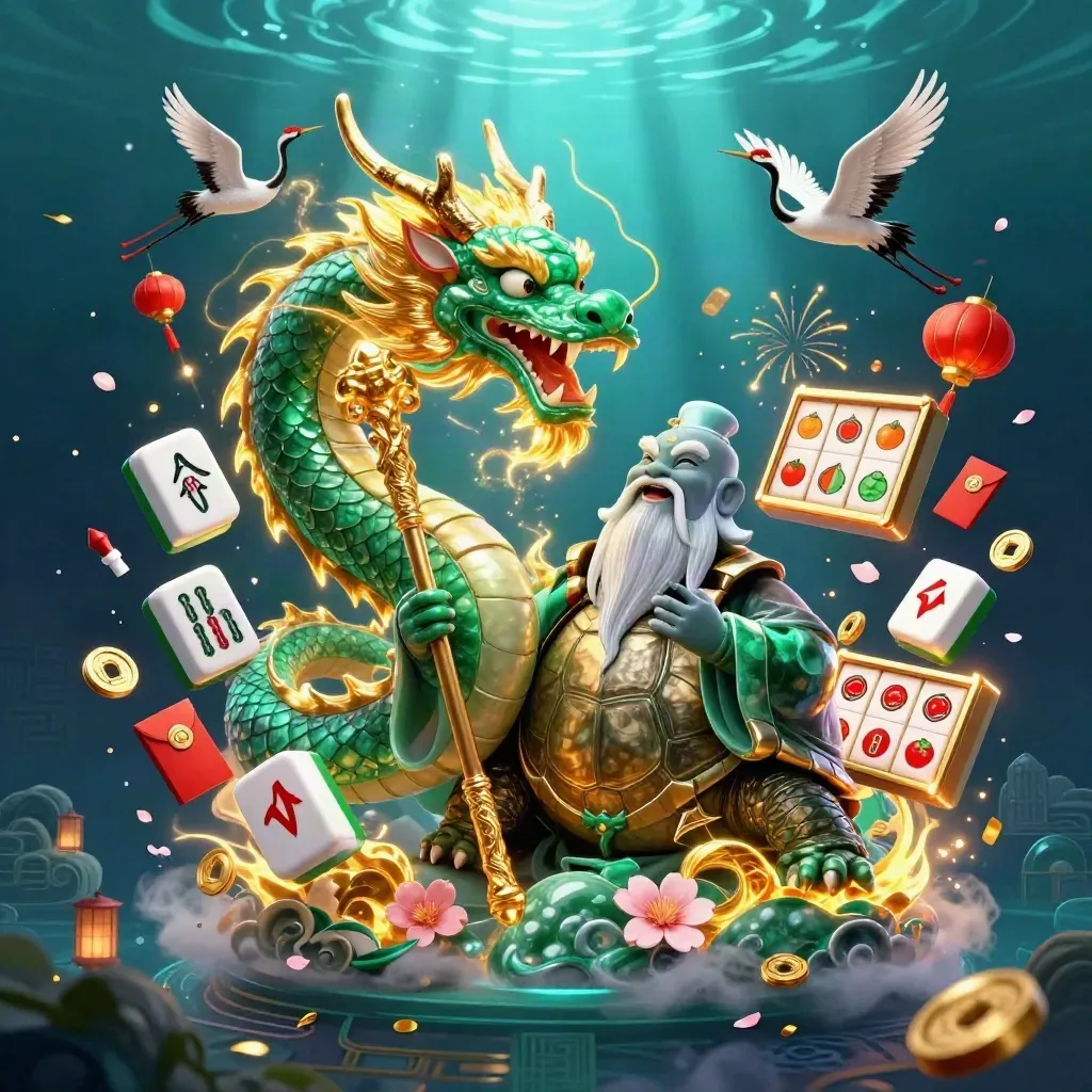 Emerald dragon, turtle sage and cranes amid casino charms in a dark neon underwater glow