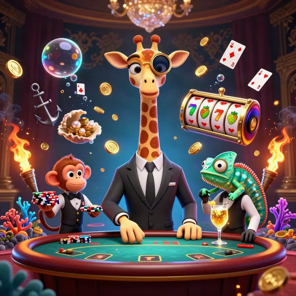 Giraffe, monkey and chameleon casino crew amid treasure cove lights and neon jackpots