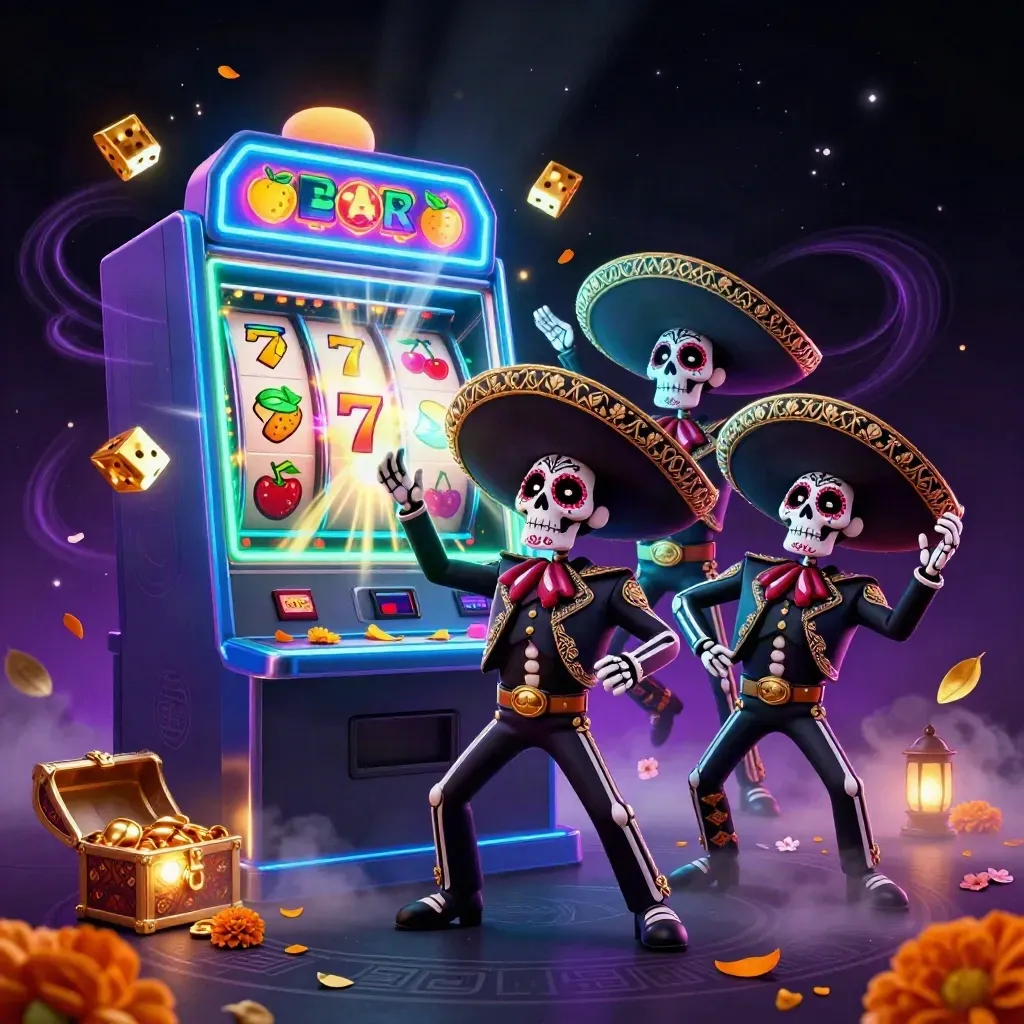 Three skeleton mariachis amid exploding slot symbols, gold, and neon casino magic.