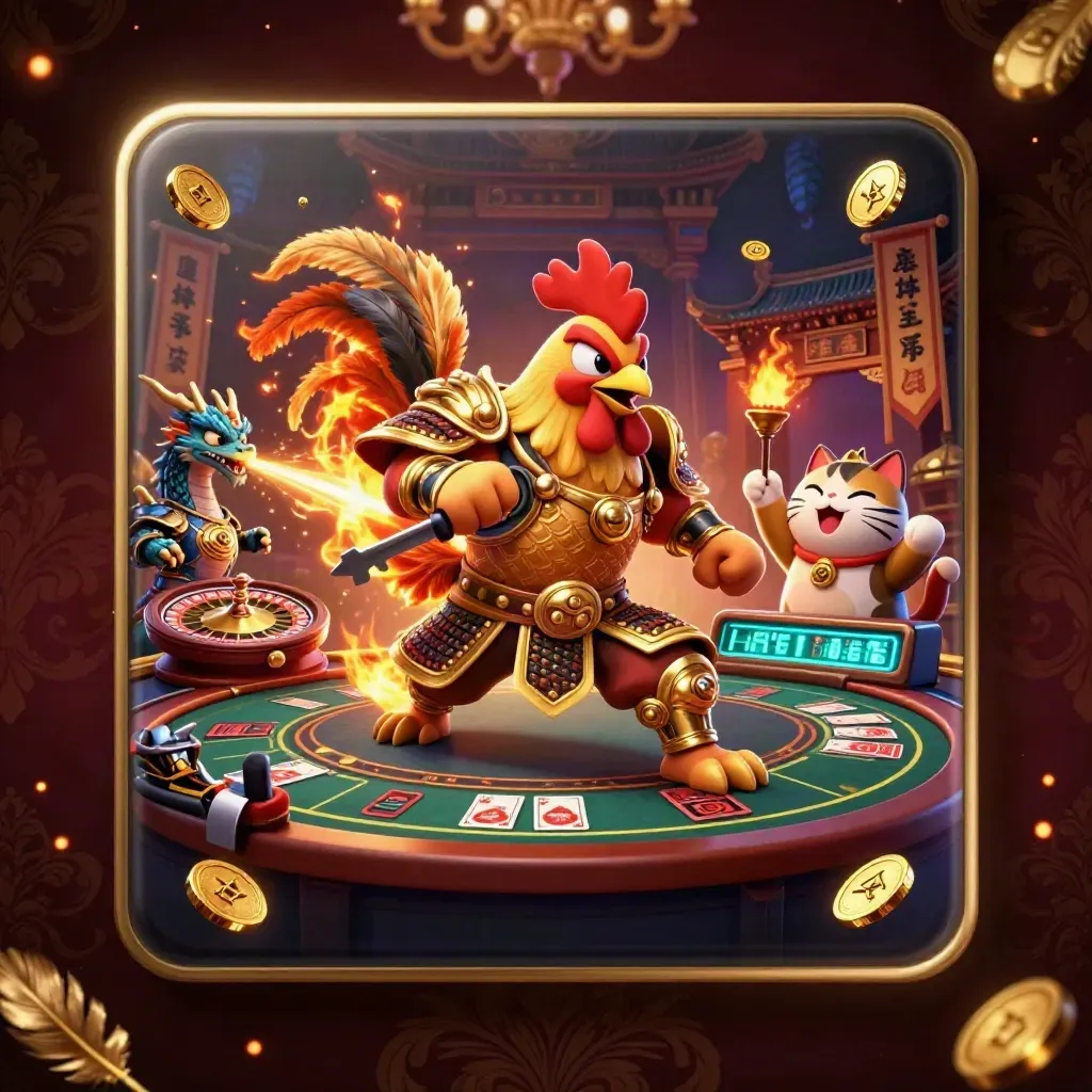 Rooster warrior, dragon hatchling, and fortune-cat in a glowing casino battle scene.