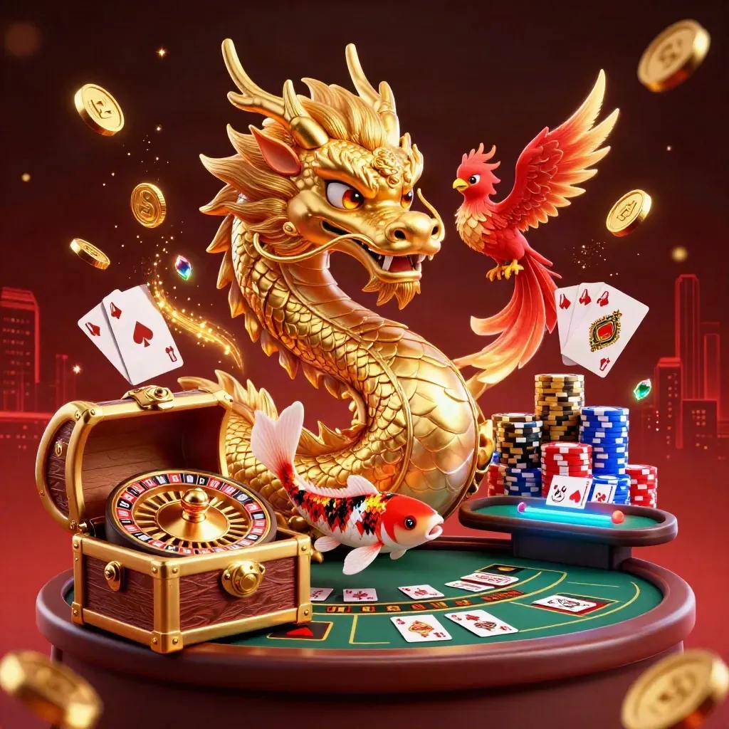Golden dragon around a treasure chest with roulette wheel, chips, coins, phoenix and koi