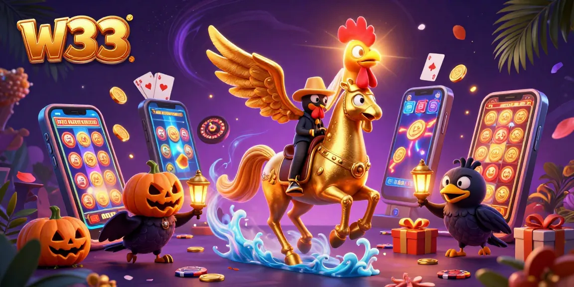 Experience gaming at w33 with a dynamic scene of a golden rooster and magical elements.