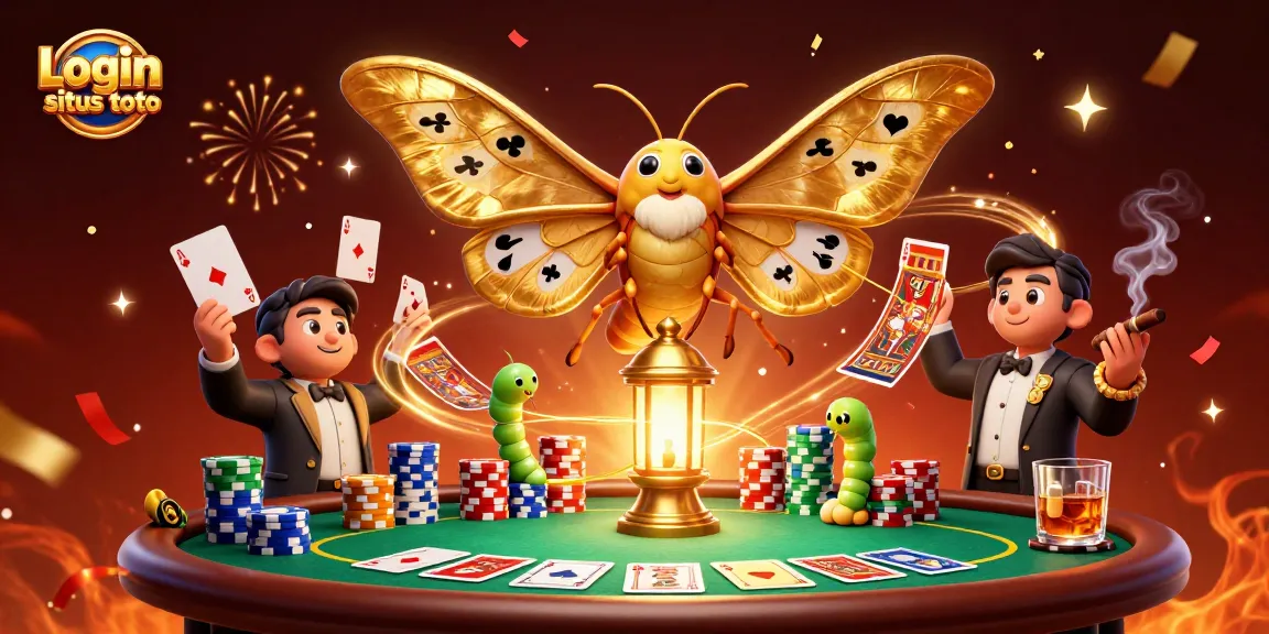 Login situs toto dengan ilustrasi kasino 3D menampilkan karakter kupu-kupu dan permainan kartu yang menarik.