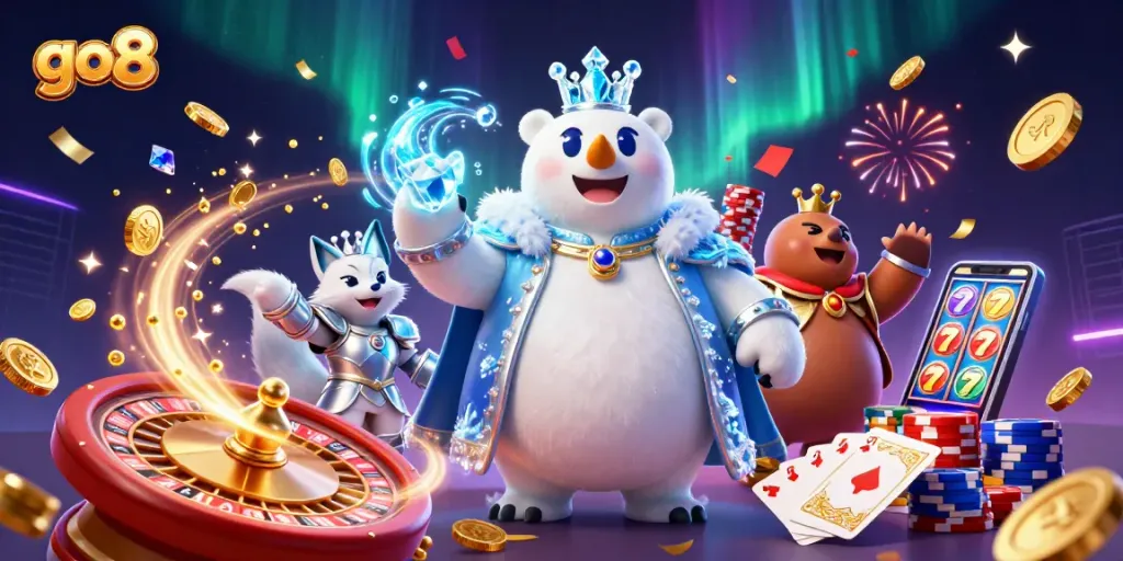 Experience the thrill of go8 with a dazzling scene of the ice king polar bear and snow fox amidst cascading coins and dynamic casino elements.