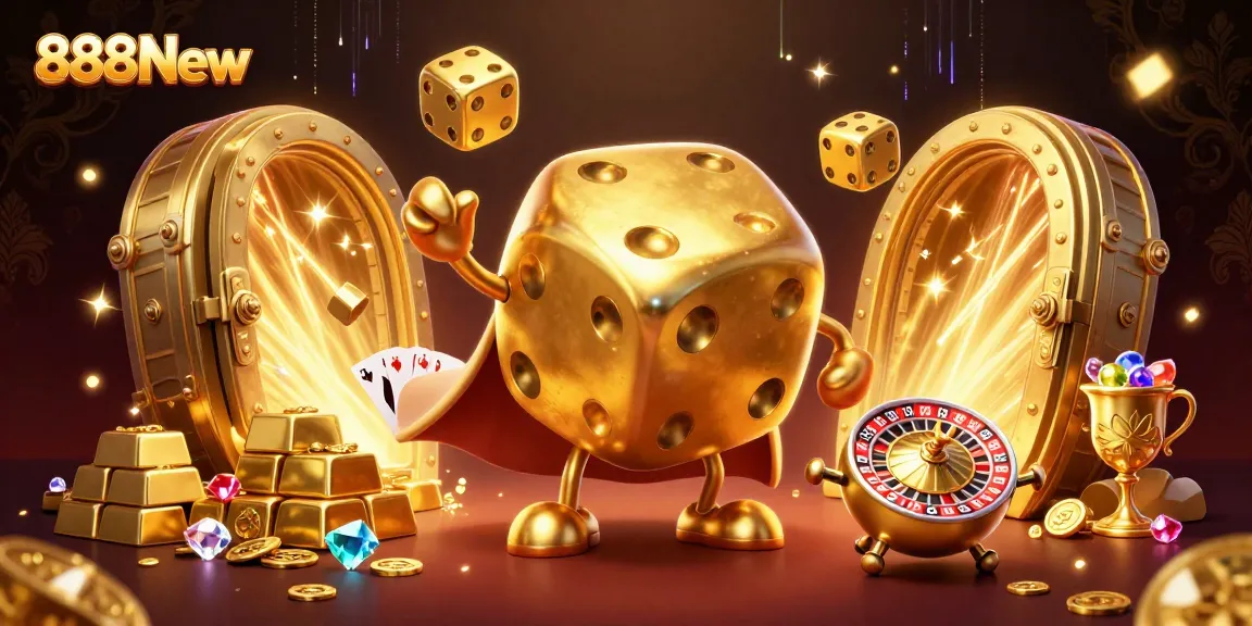 Experience dynamic gameplay at 888New with golden dice and lavish treasures illuminating the casino scene.