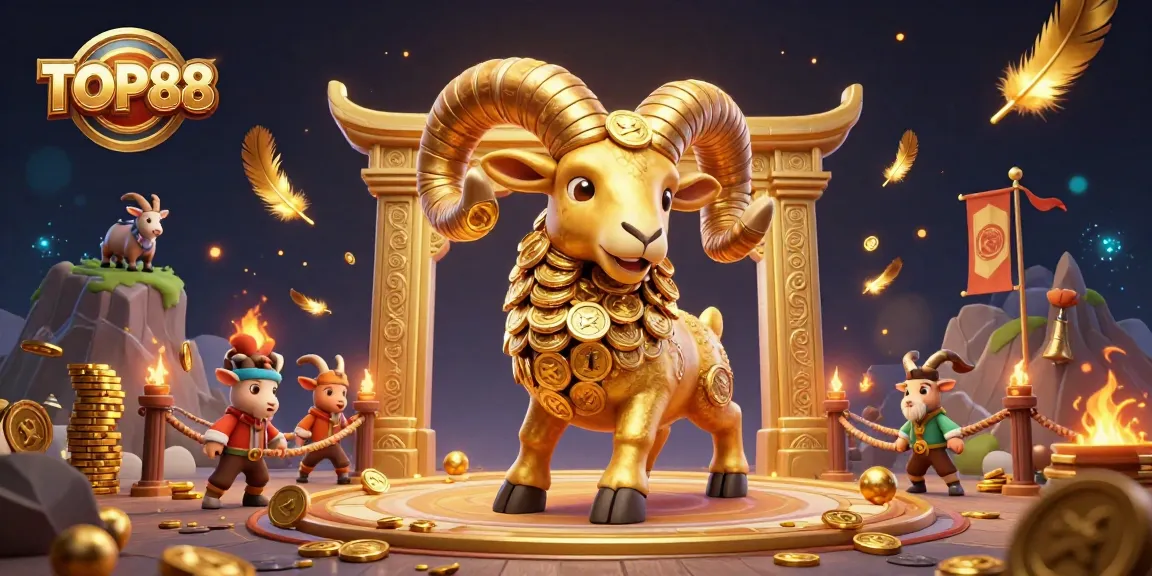 Experience thrilling gameplay at TOP88, where a golden ram symbolizes victory amidst a vibrant casino setting.