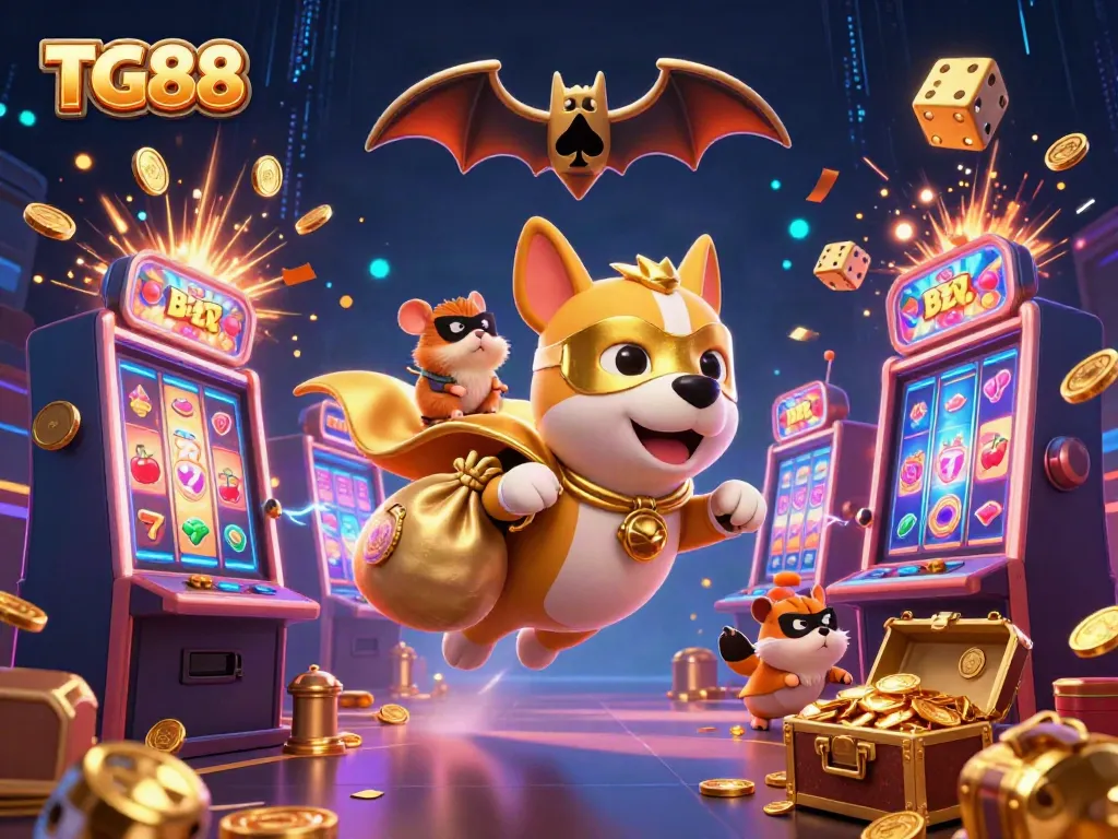 Experience thrilling adventures with TG88, the dynamic superhero duo navigating a colorful world of casino games.