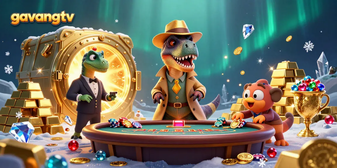 Engage with gavangtv by experiencing a fun 3D casino scene featuring clever velociraptor characters.