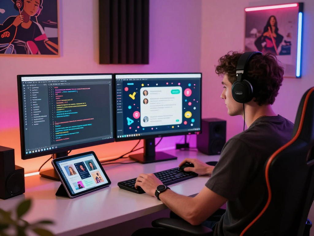 AI chat porn interface development in a vibrant digital studio with innovative tech elements.