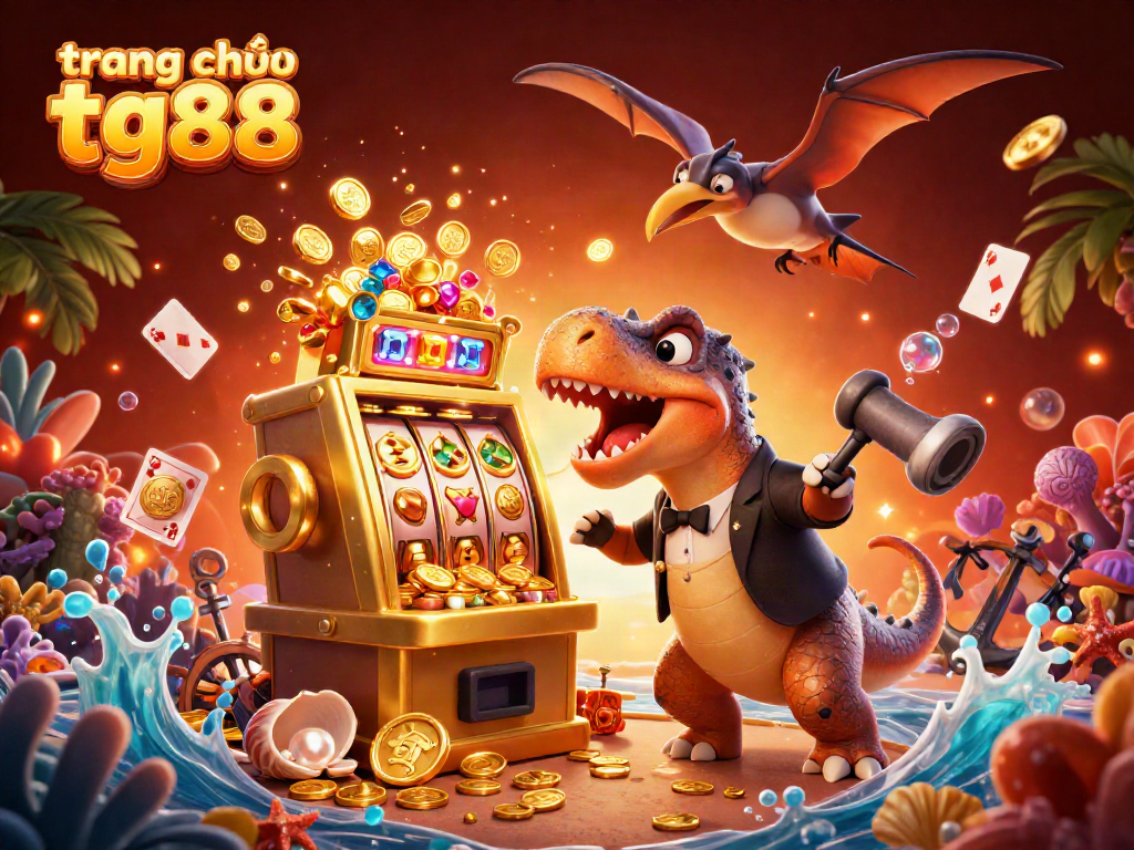 Experience the excitement of trang chủ tg88 as a dinosaur hits the jackpot at a vibrant casino scene.