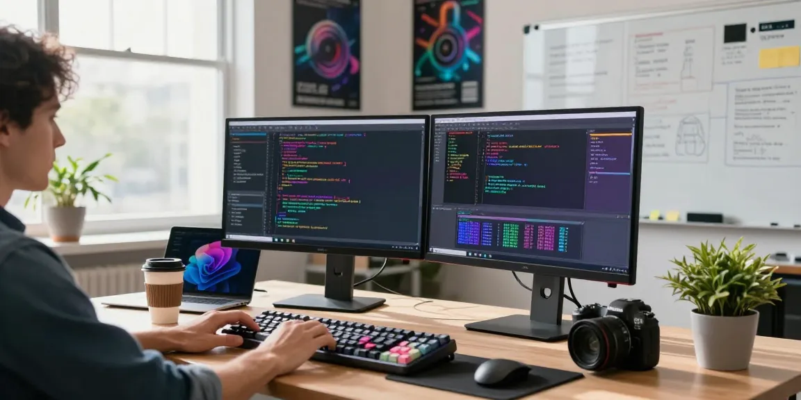 快连 connected to a vibrant tech workspace with a developer coding on dual monitors in a modern office.