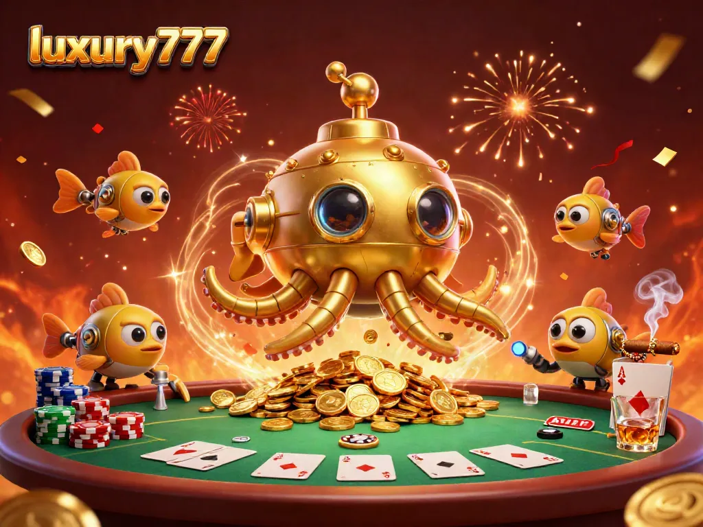 Experience luxury777 in a vibrant casino scene with a golden kraken submarine and poker elements.