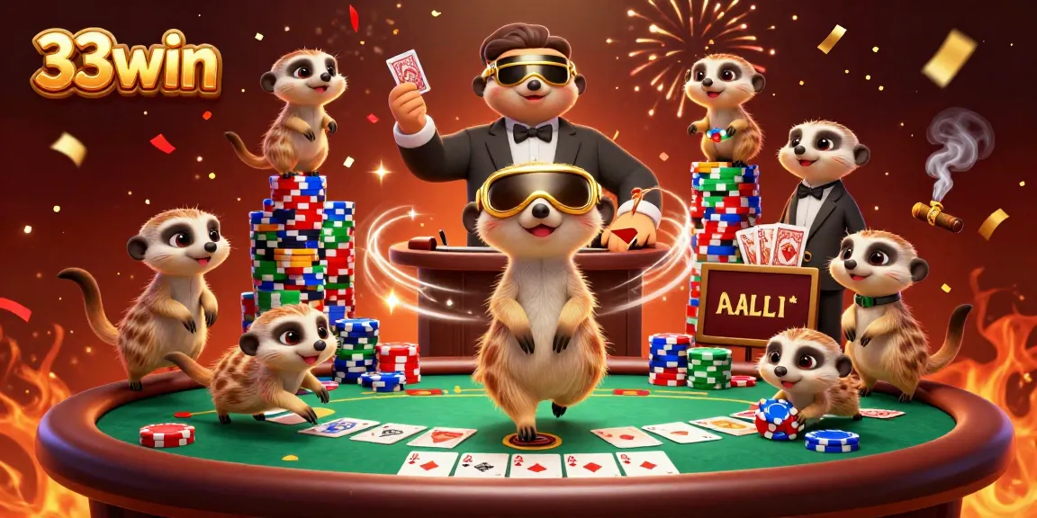 Experience vibrant 33win meerkats managing a poker showdown amidst colorful chips and cards.