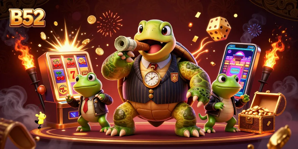 Experience thrilling B52 casino action with a mobster turtle and bullfrog enforcers in a vibrant scene.