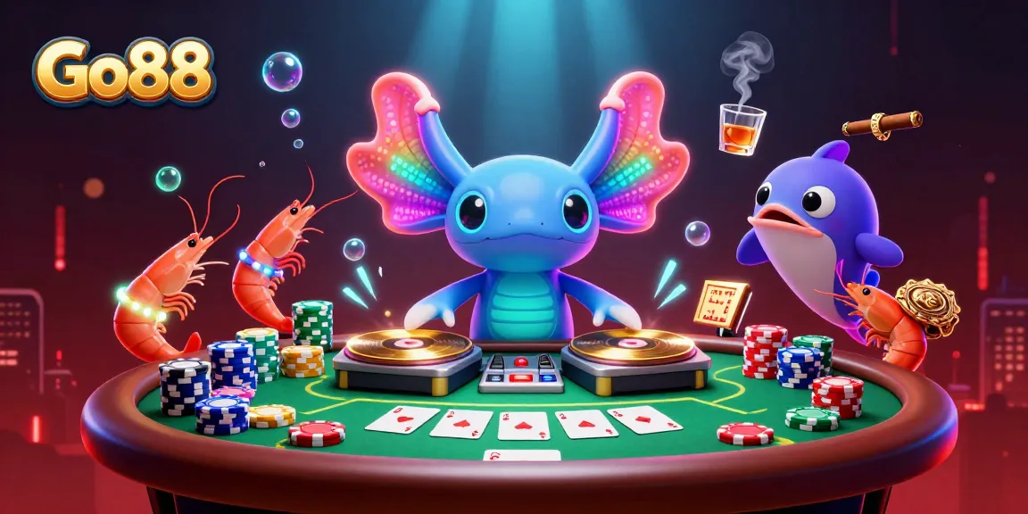 Engage with Go88 as a vibrant 3D scene featuring a neon axolotl DJ, poker elements, and underwater glow.