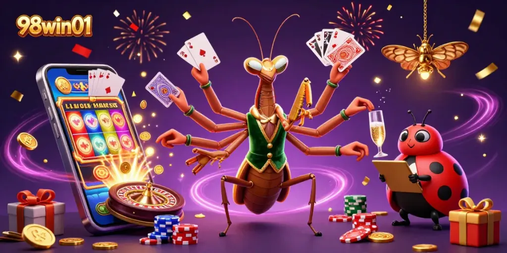 Experience thrilling gameplay with 98win01's vibrant casino scene featuring unique characters and rich game elements.