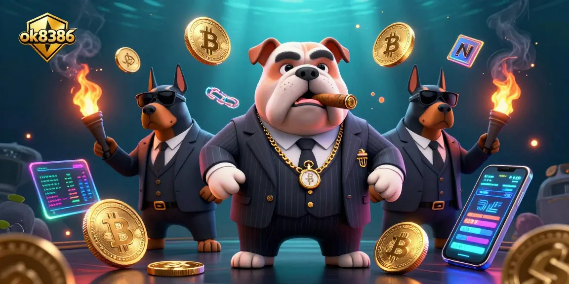 Experience thrilling wins at ok8386 with a vibrant illustration of a mafia boss and cryptocurrency elements.