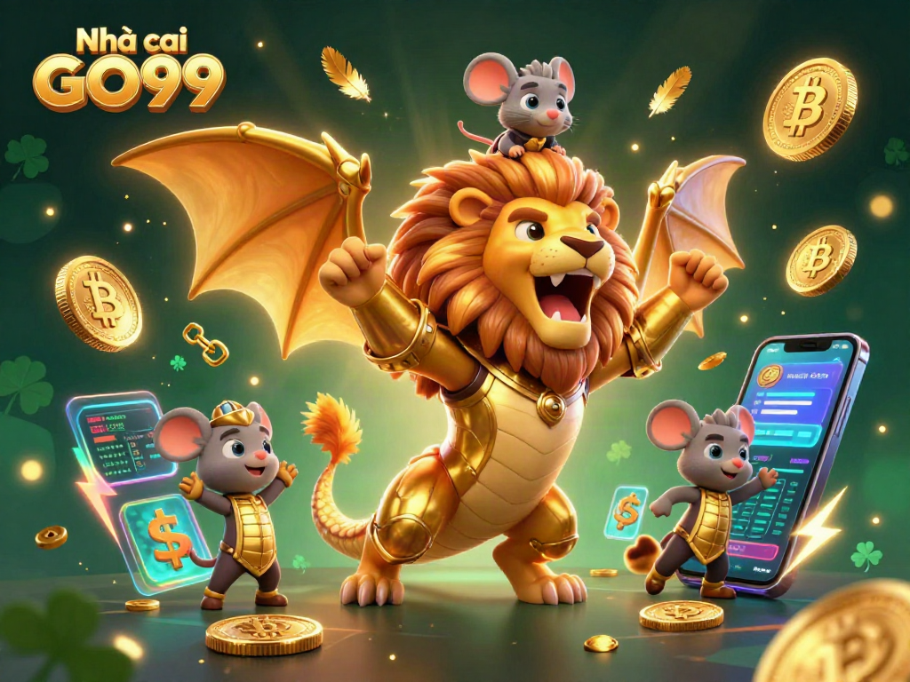 Experience excitement at Nhà cái GO99 with a triumphant chimera and crypto-themed scene.