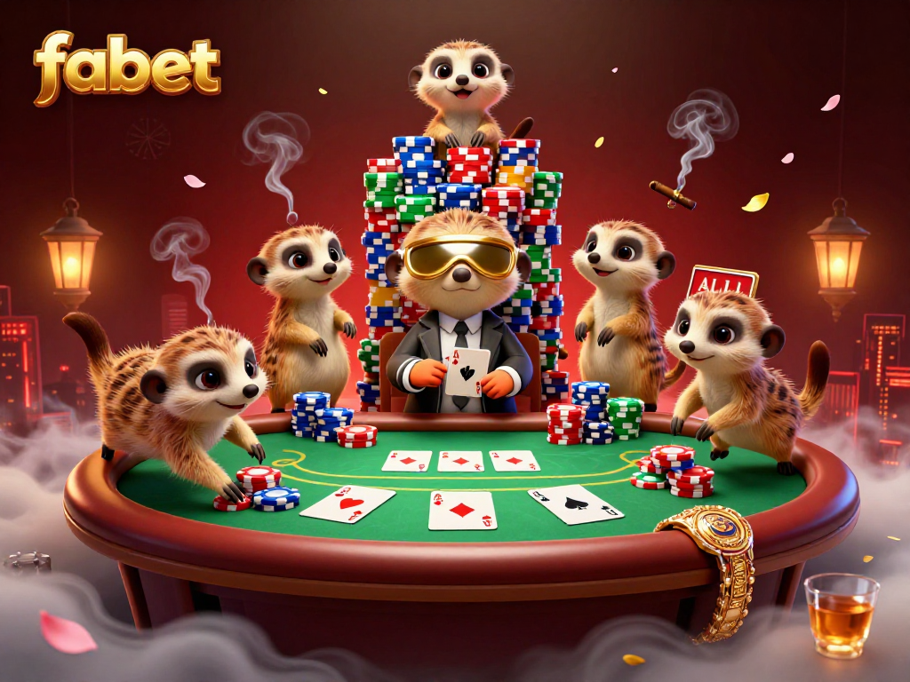Fabet's meerkat poker casino scene showcases vibrant characters and gameplay elements in action.