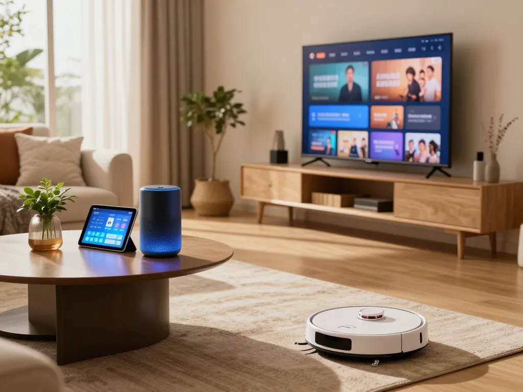 Modern living room featuring innovative tech gadgets for home, showcasing smart lighting, a robotic vacuum, and a sleek tablet.