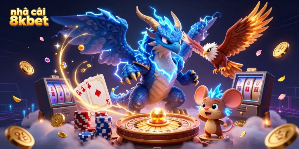 Experience the excitement of nhà cái 8kbet with dynamic casino elements and colorful characters in a vibrant scene.