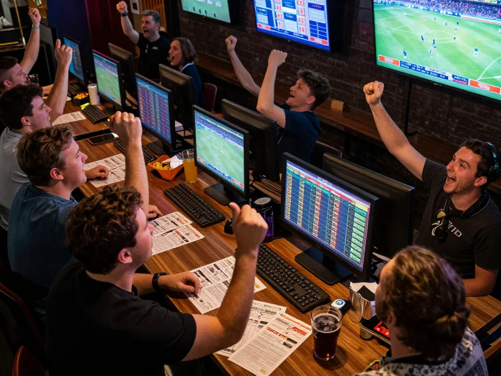 Engaging sports betting activity at KP88 showing fans placing bets on games in a lively atmosphere.