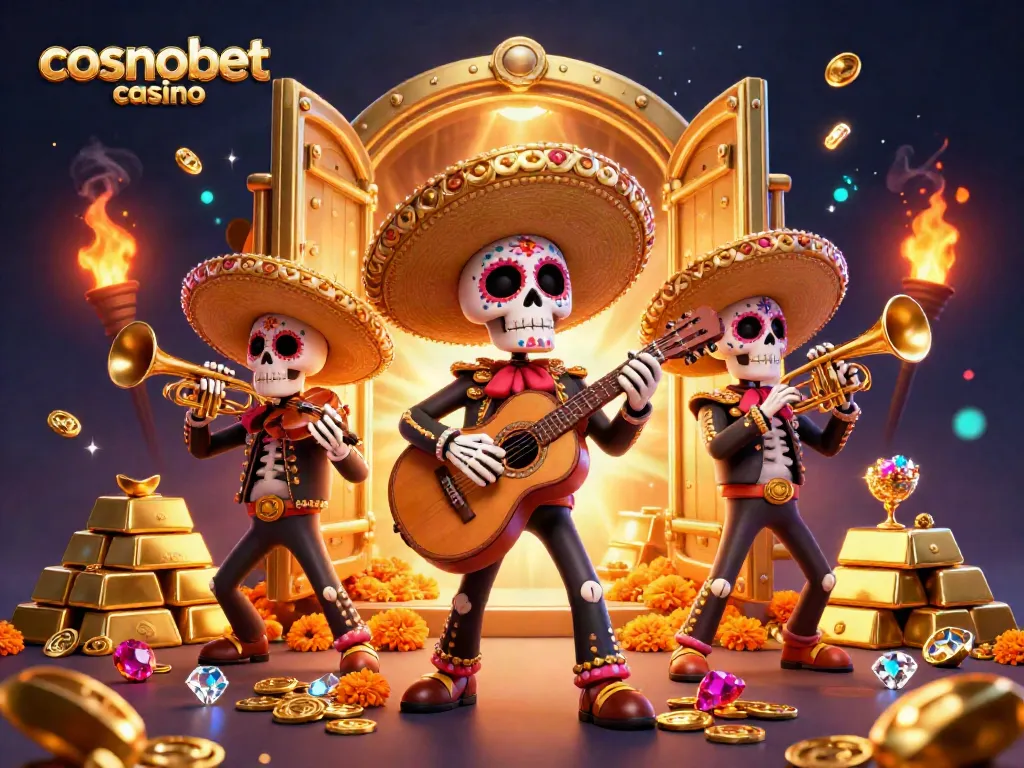 Experience the vibrant cosmobet casino atmosphere with lively mariachi skeletons and gold treasures.