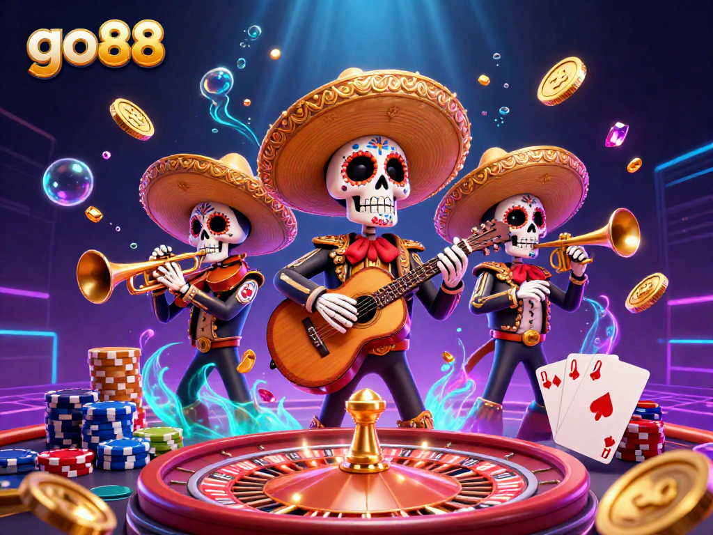 Immerse in the excitement of go88 with a vibrant 3D mariachi band surrounded by thrilling casino elements and golden coins.