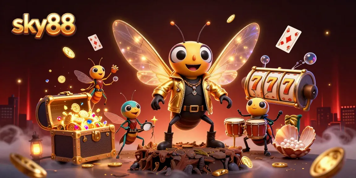 Experience thrilling gaming action with sky88 in this vibrant 3D casino illustration featuring dynamic characters and lively casino elements.