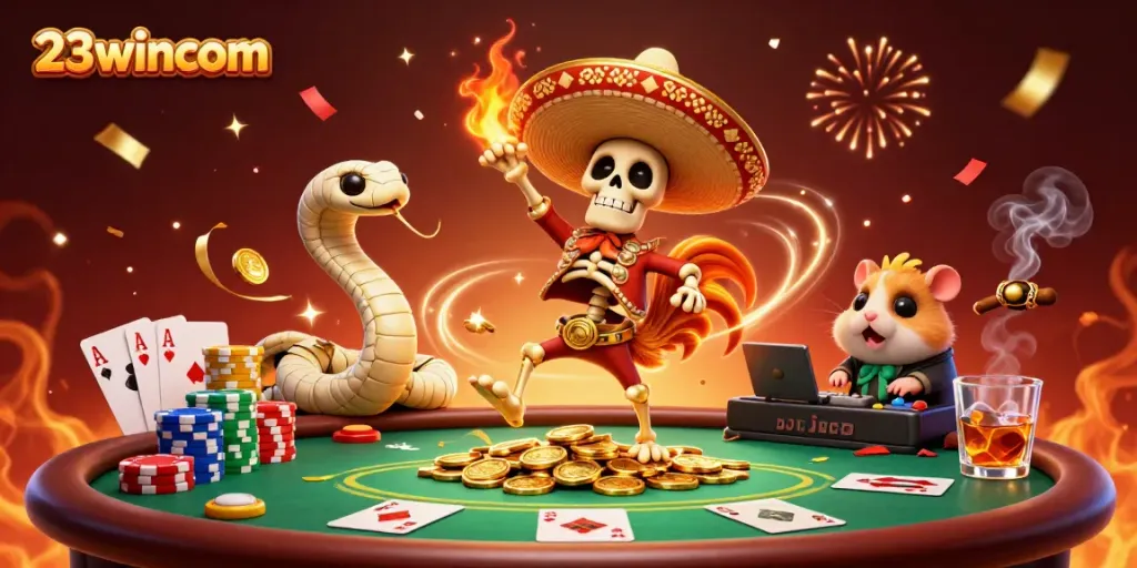 23wincom features a celebratory poker scene with vibrant characters and casino elements.