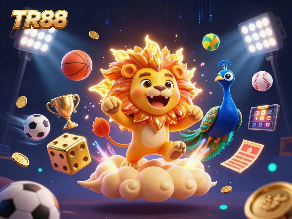 Engage in dynamic TR88 casino gaming with roaring lion, golden dice, and vibrant sports elements.