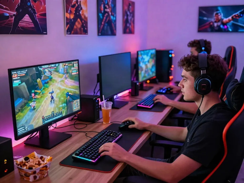 Players intensely enjoying game f168 in a vibrant gaming room with modern setups
