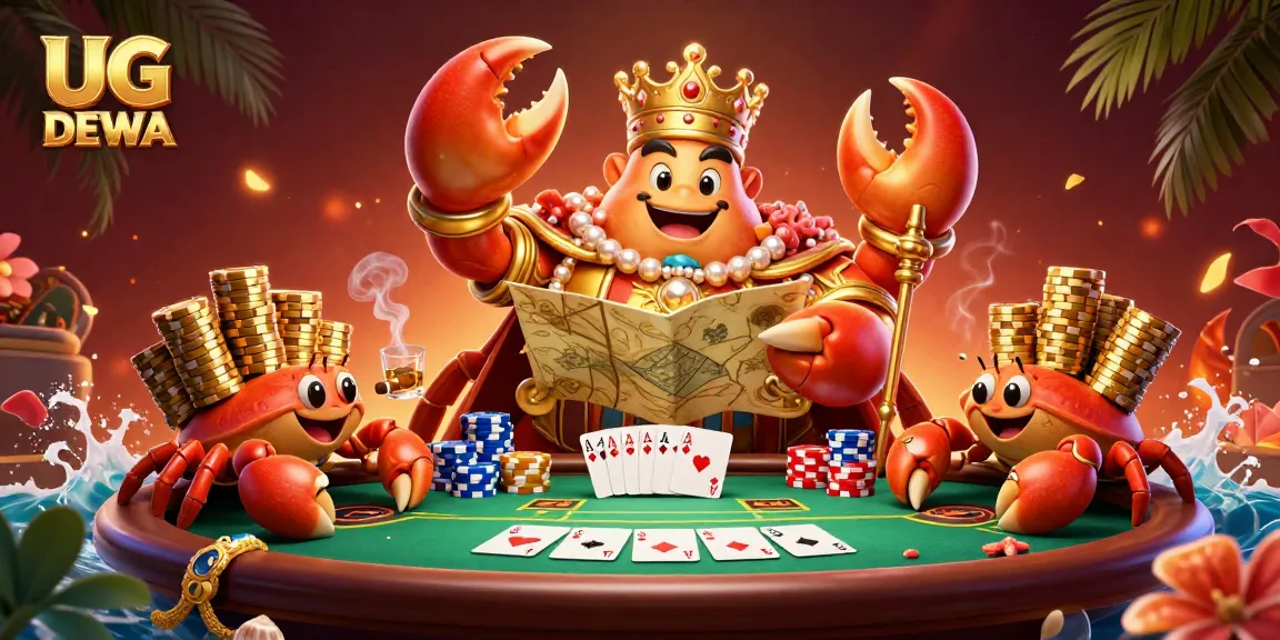 Experience the excitement at UG DEWA with a vibrant scene of a golden crab emperor and poker elements.