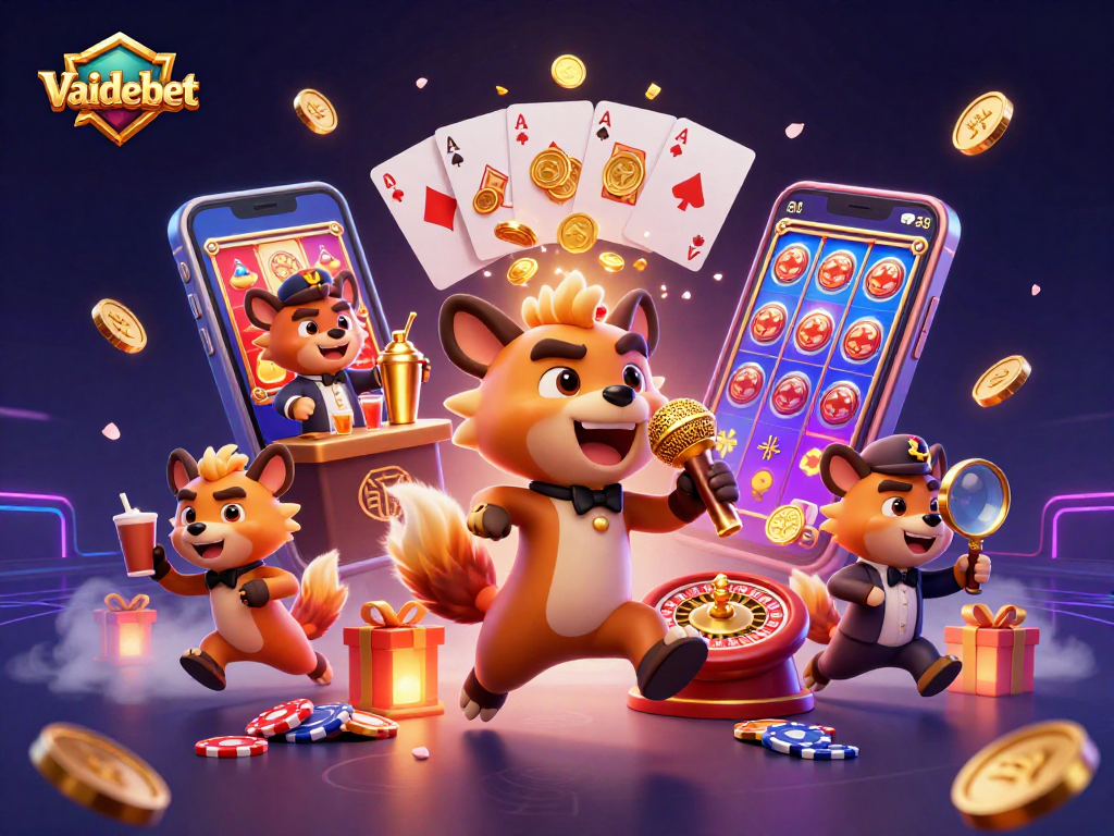 Experience the excitement of Vaidebet casino with hyena characters in a lively casino scene.