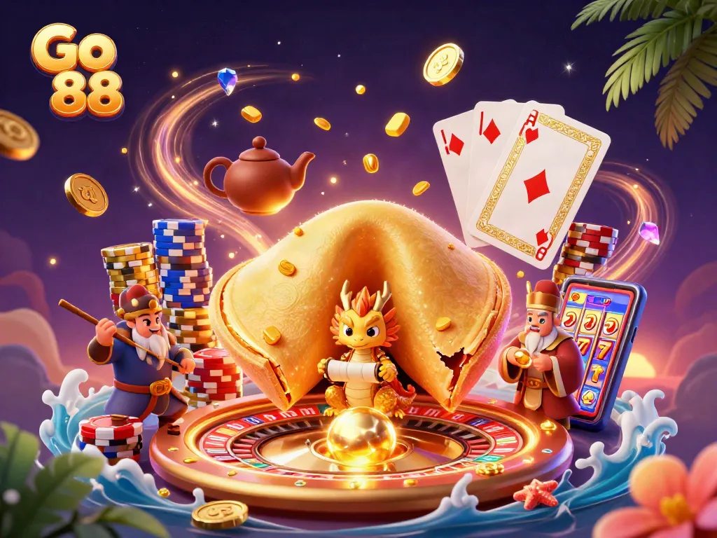 Experience fortune and excitement with Go 88 in this vibrant casino scene filled with dynamic gaming elements.
