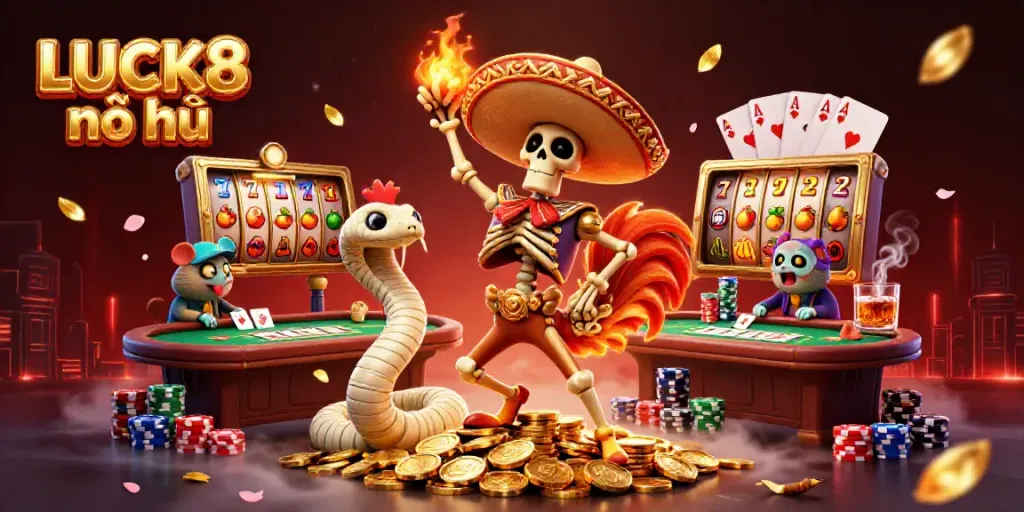 Experience the excitement of LUCK8 nổ hũ with vibrant slot reels and celebratory characters in a dynamic casino scene.