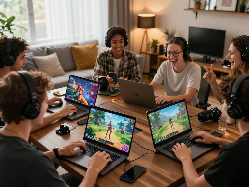 Adults enjoying immersive game sex experiences online, showcasing diverse players in a cozy gaming environment.