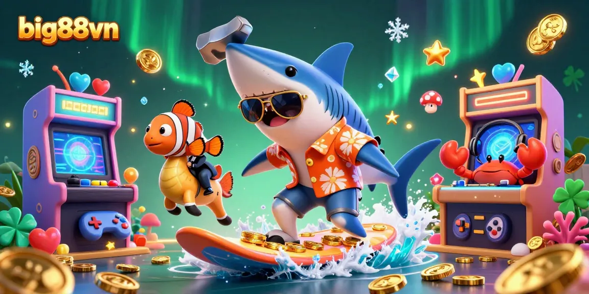 Engage with big88vn's thrilling gaming experience featuring a shark and vibrant casino elements.