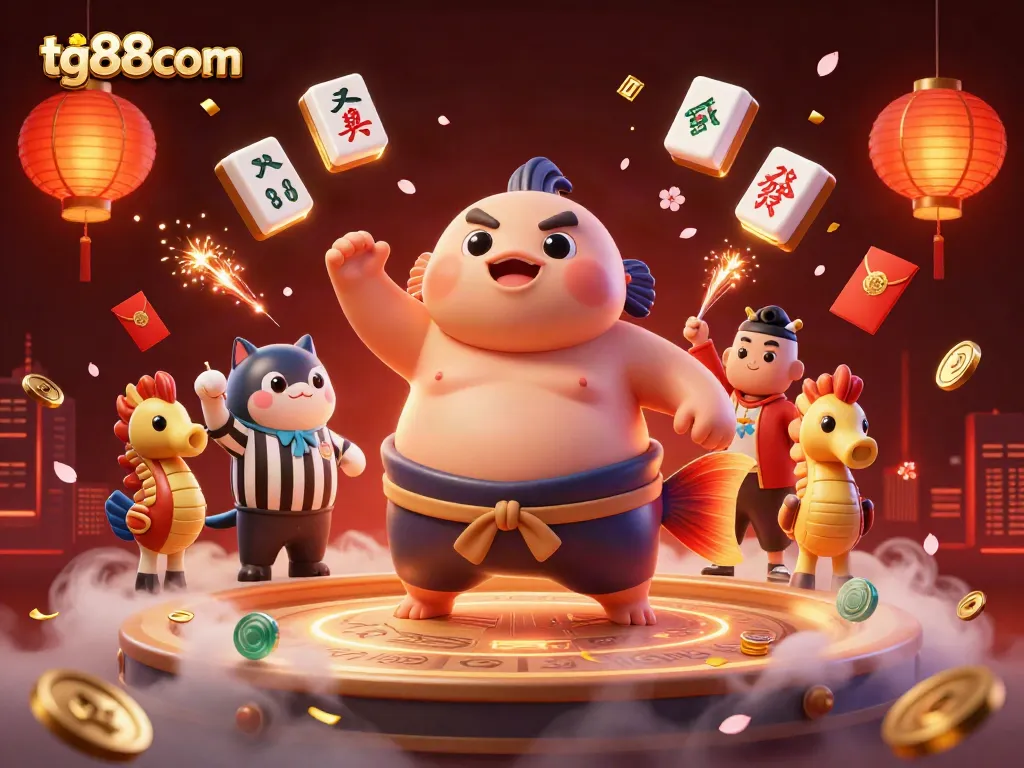 Engage in thrilling underwater casino action with tg88com's vibrant gaming scene featuring a fugu in a sumo belt and playful spectators.