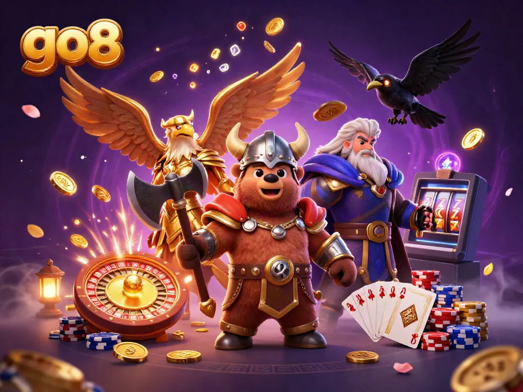 Engage in vibrant casino action with go8, featuring Viking characters, coins, and casino elements.