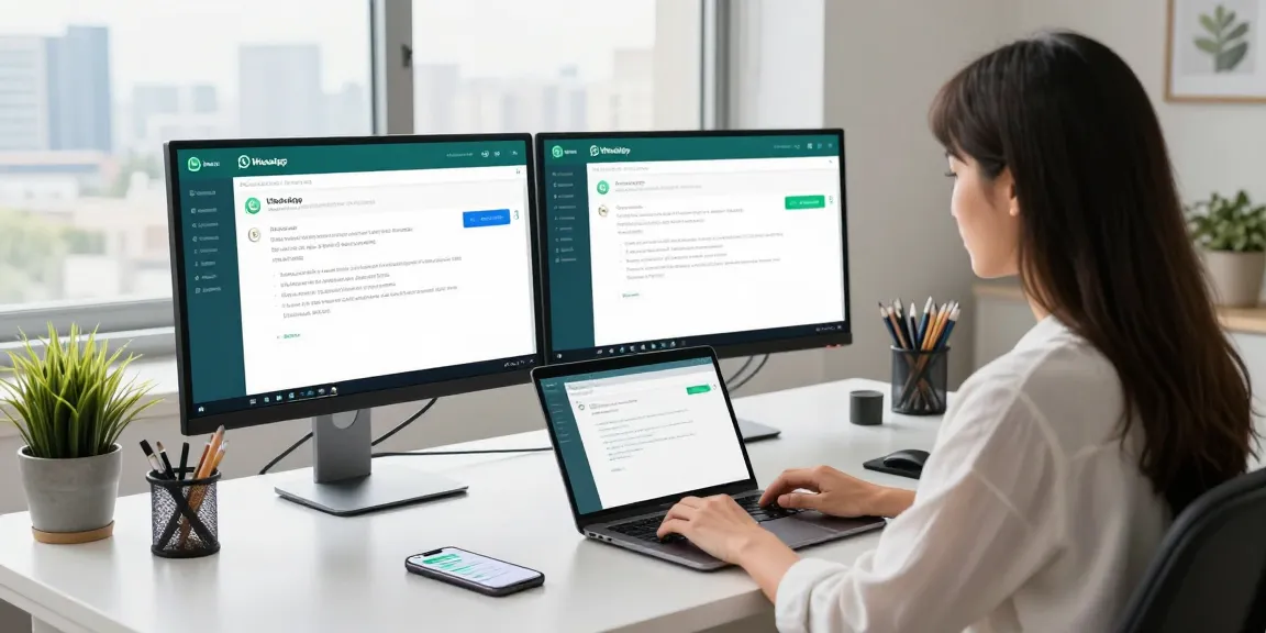 Woman using WhatsApp網頁版 on dual monitors in a modern home office setting