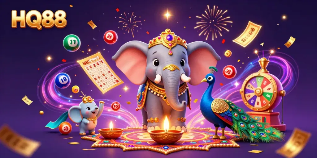 Experience the excitement at HQ88 with colorful lottery balls and festive characters in a casino scene.