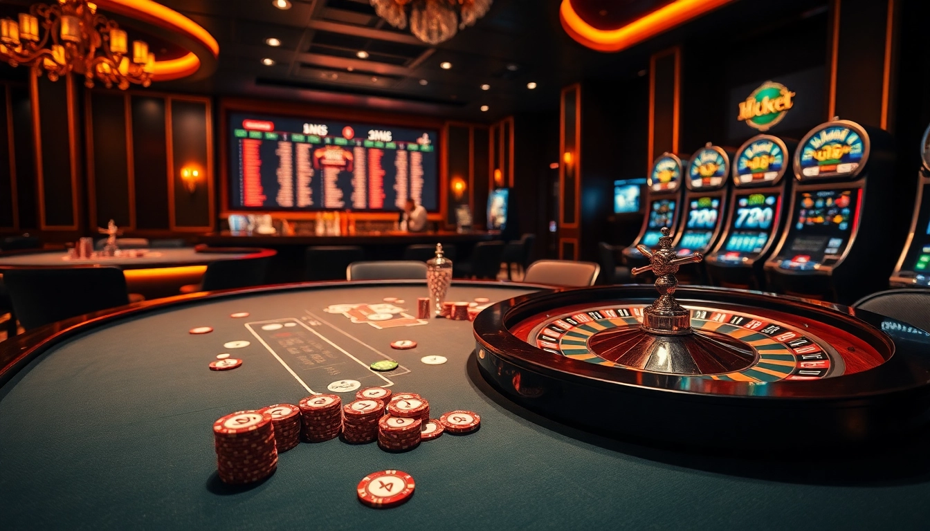 An exciting poker scene featuring luxury elements and vibrant casino visuals from https://hbbet4.art/, showcasing poker chips and illuminated roulette.
