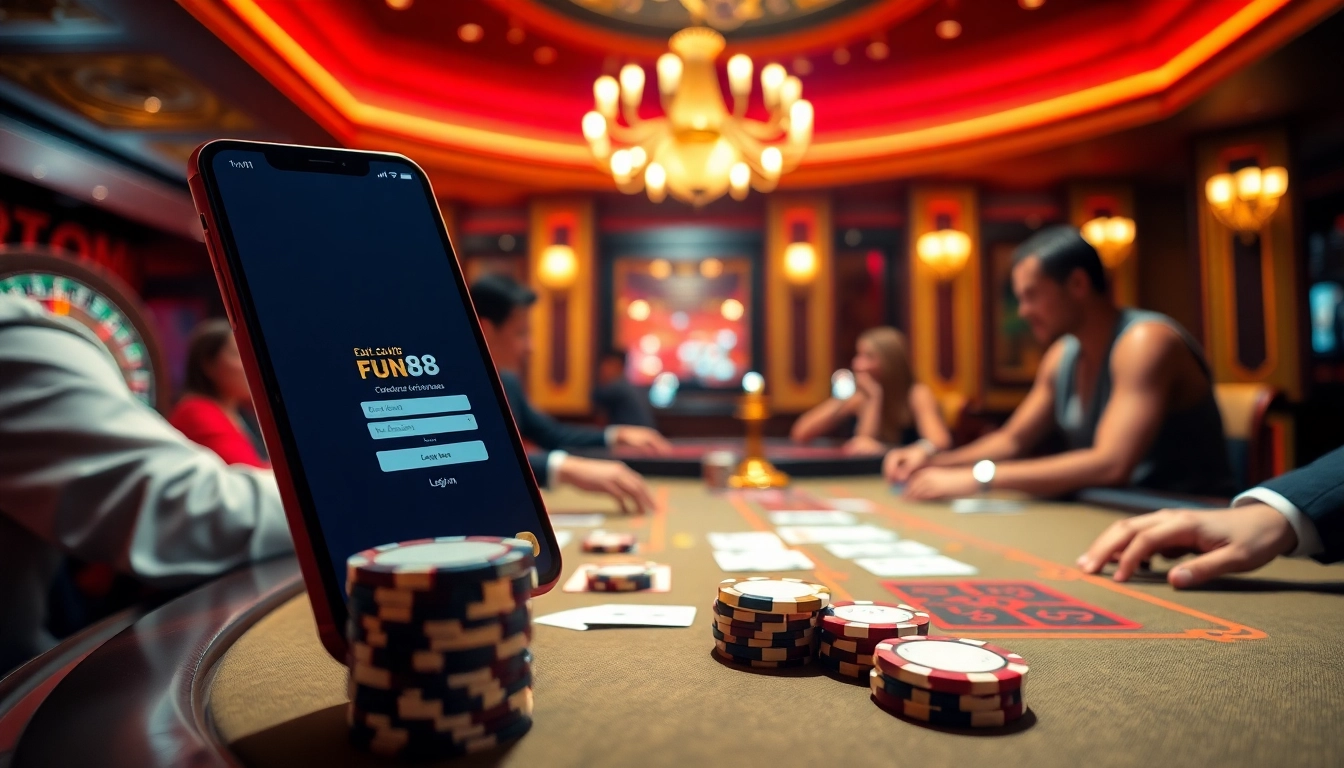 Experience the thrill of Fun88 login with players at a luxurious poker table as they engage in high-stakes action.