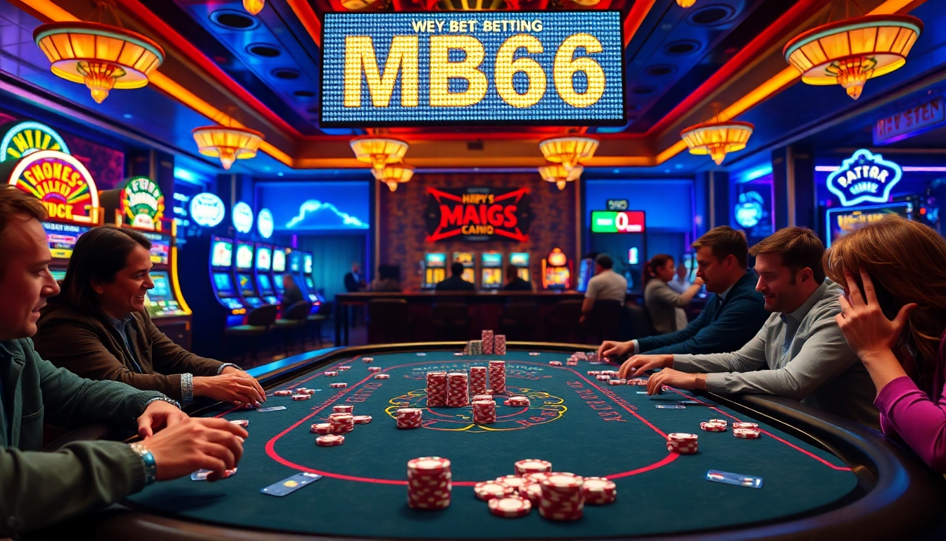 Players engaging in a thrilling MB66 poker game amidst vibrant casino excitement.